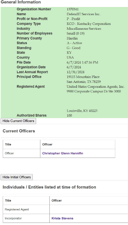 Kentucky State records showing DefendIT Services incorporation screenshot showing CEO North South Consulting Group Krista Stevens as the Incorporator.